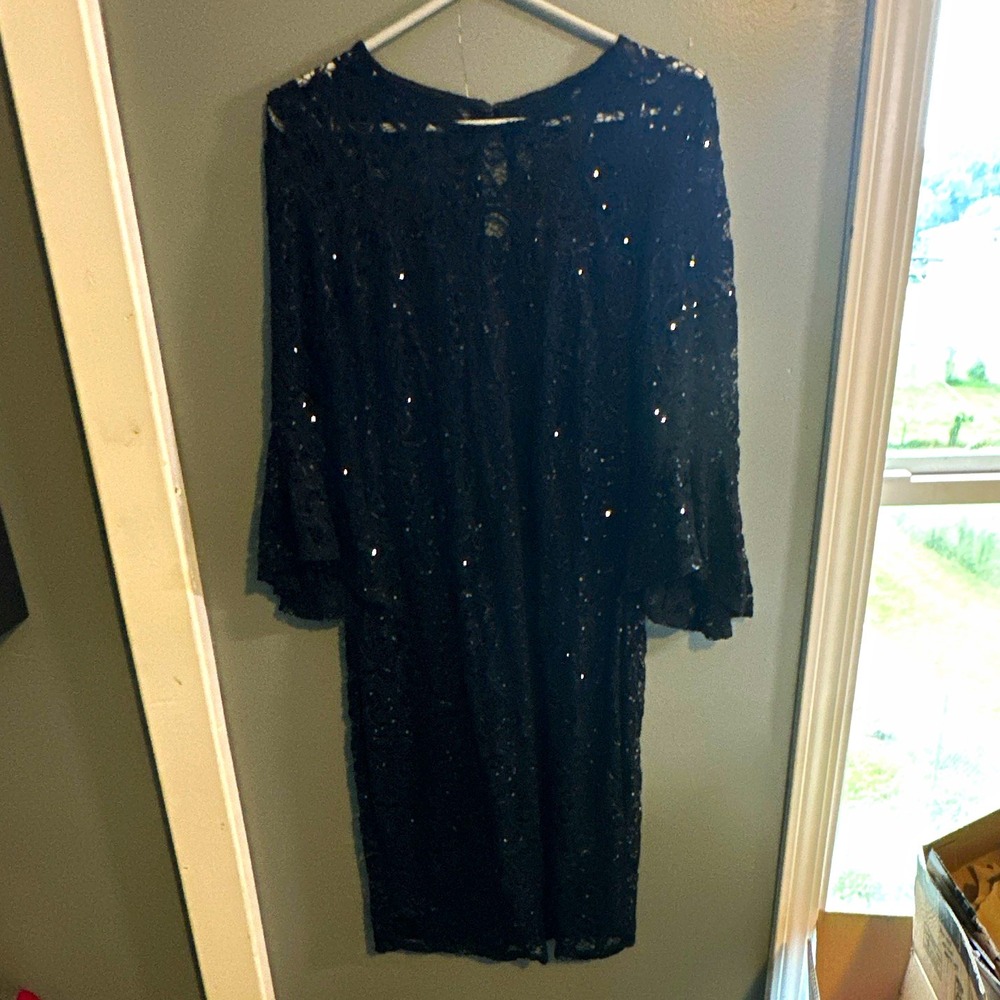 Marina Black Lace Sequin Lined Sheath Dress 3/4 Sleeve Knee Length Size 10